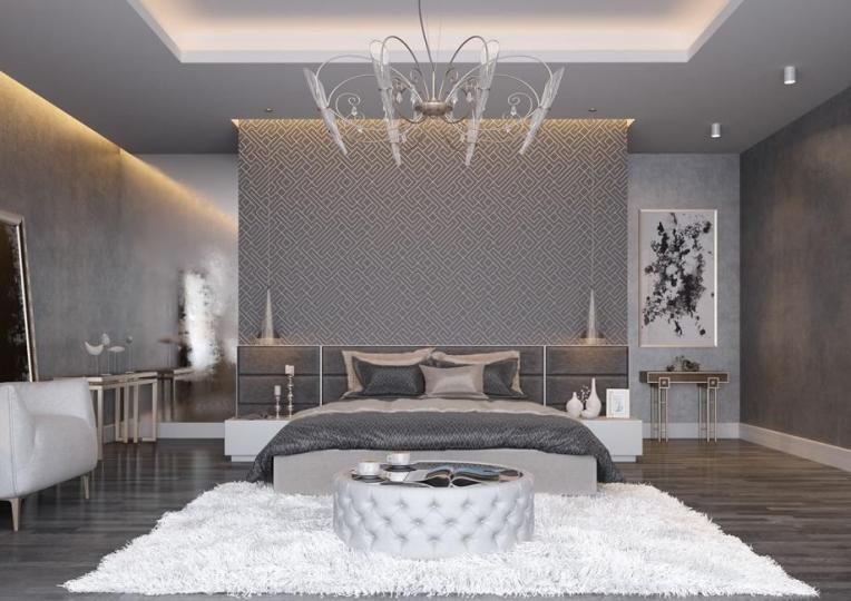 Contemporary Bedroom Design with Striking Geometric Featured Wall